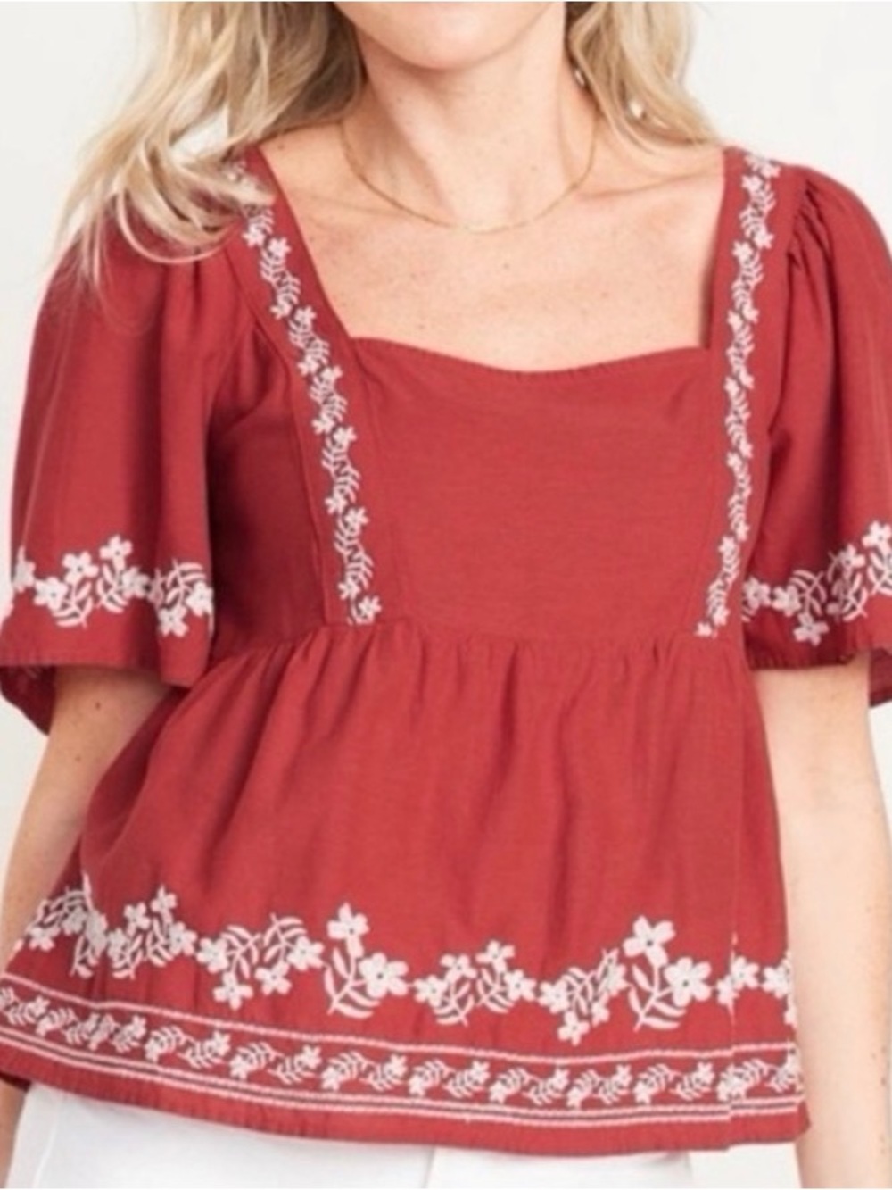 Old Navy Red Square-Neck Embroidered Peasant Blouse